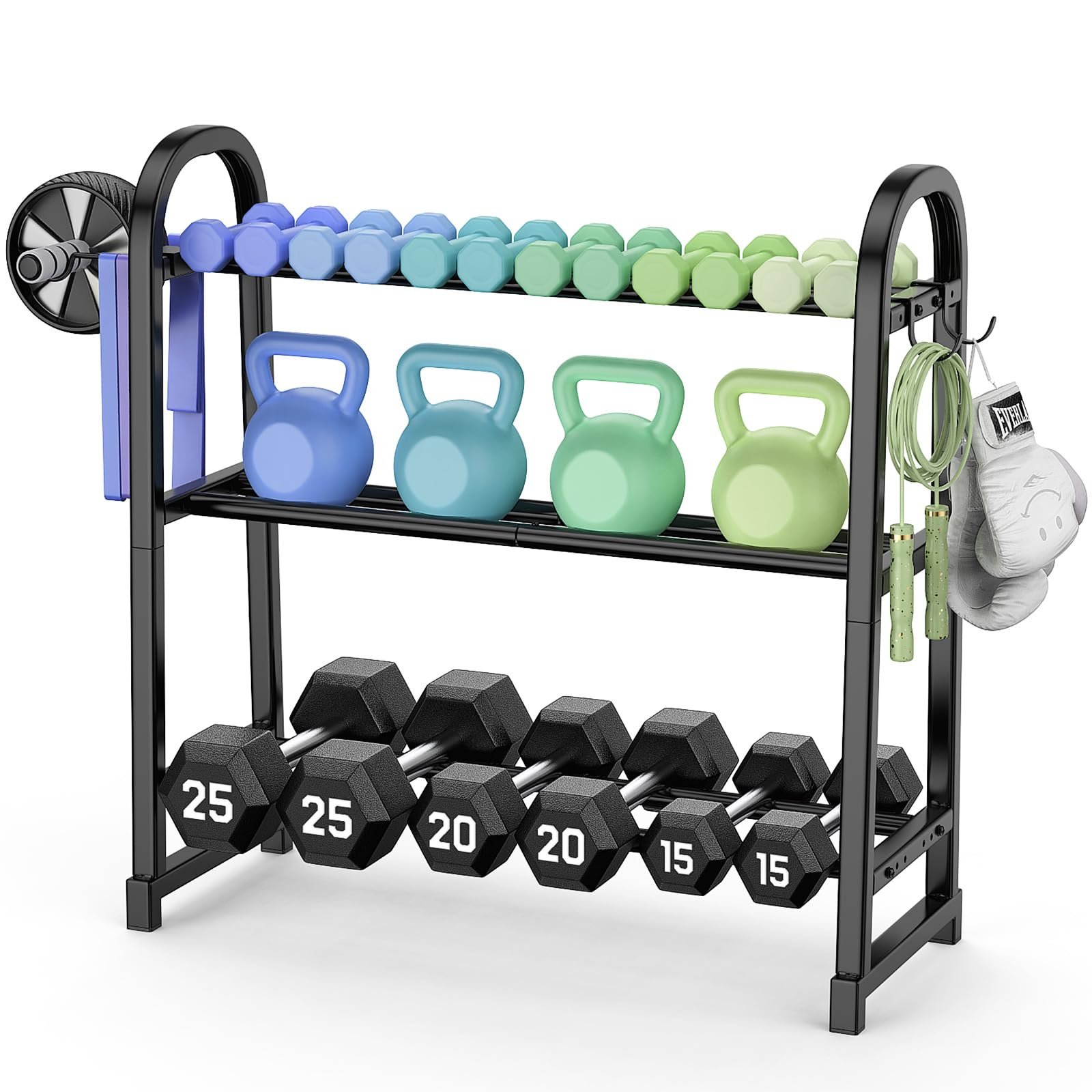 3 Tier Dumbble Rack - 360LB Capacity Adjustable Dumbbell Storage Rack Space-Saving Home Gym Weight Rack For Dumbbells And Kettlebells With Hooks (Dumbbell Rack Stand Only)