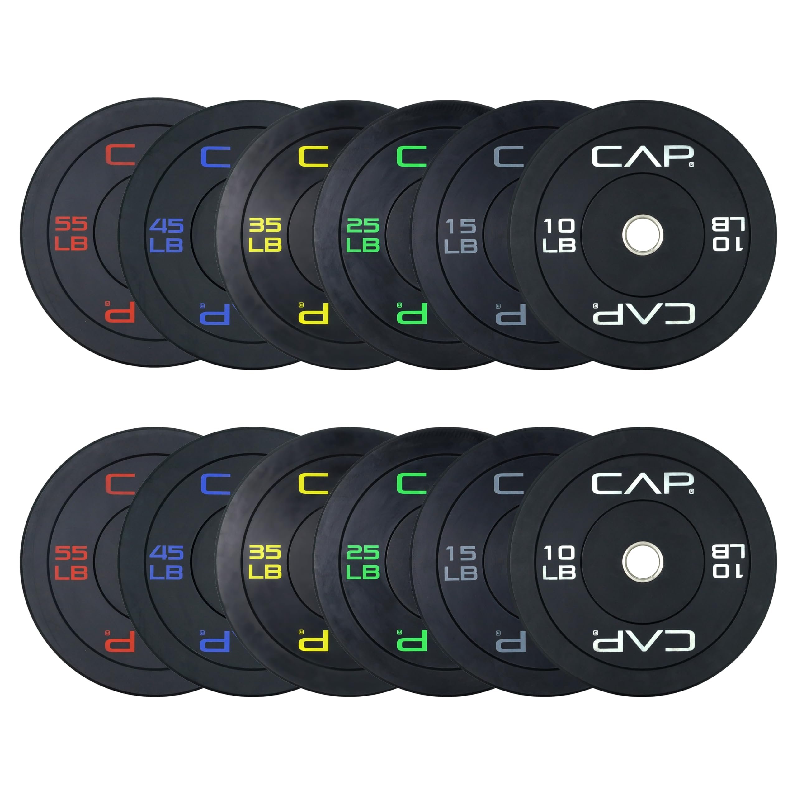CAP 2-inch Olympic Bumper Plate Weight Set | 100-370 lbs | Multiple Colors | Storage Rack Optional