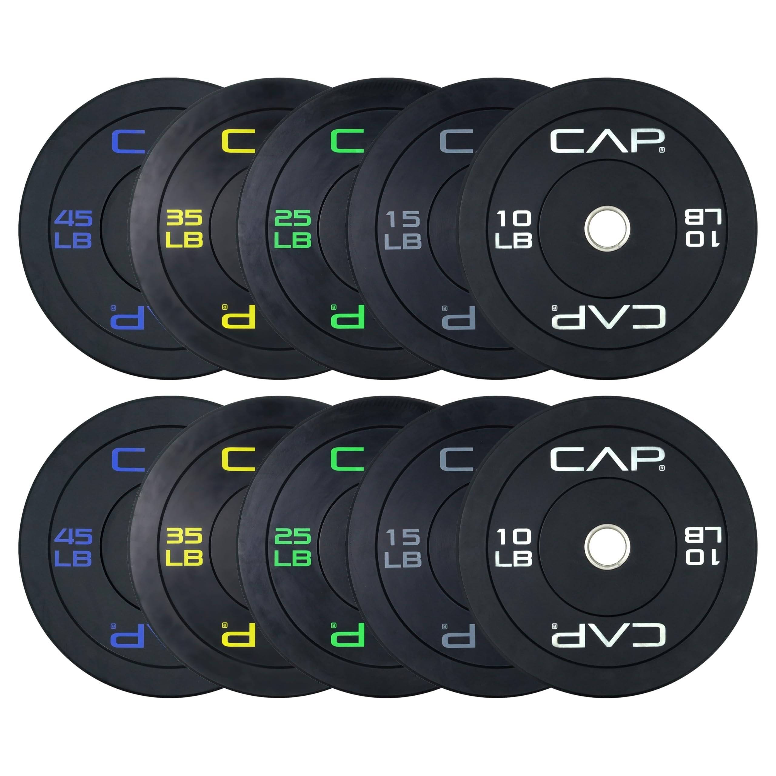 CAP 2-inch Olympic Bumper Plate Weight Set | 100-370 lbs | Multiple Colors | Storage Rack Optional
