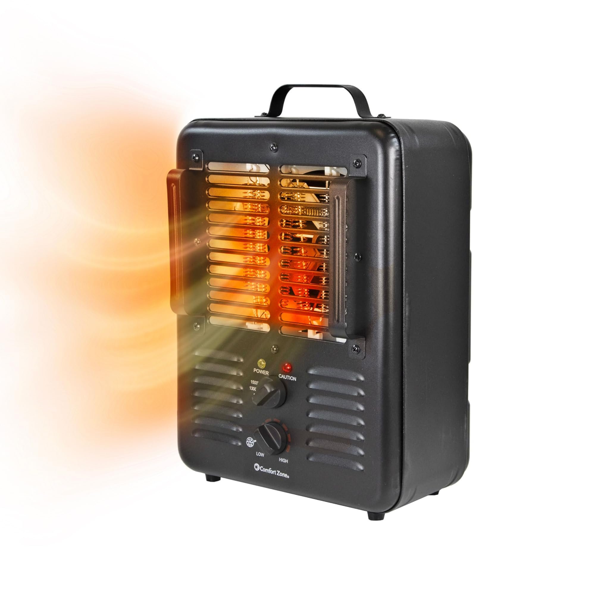 Comfort Zone 1500W Milkhouse Style Utility Space Heater – Portable Workshop & Garage Electric Heater with Adjustable Thermostat, 2 Heat Settings & Fan – All-Metal Housing & Safety Tip-Over Switch