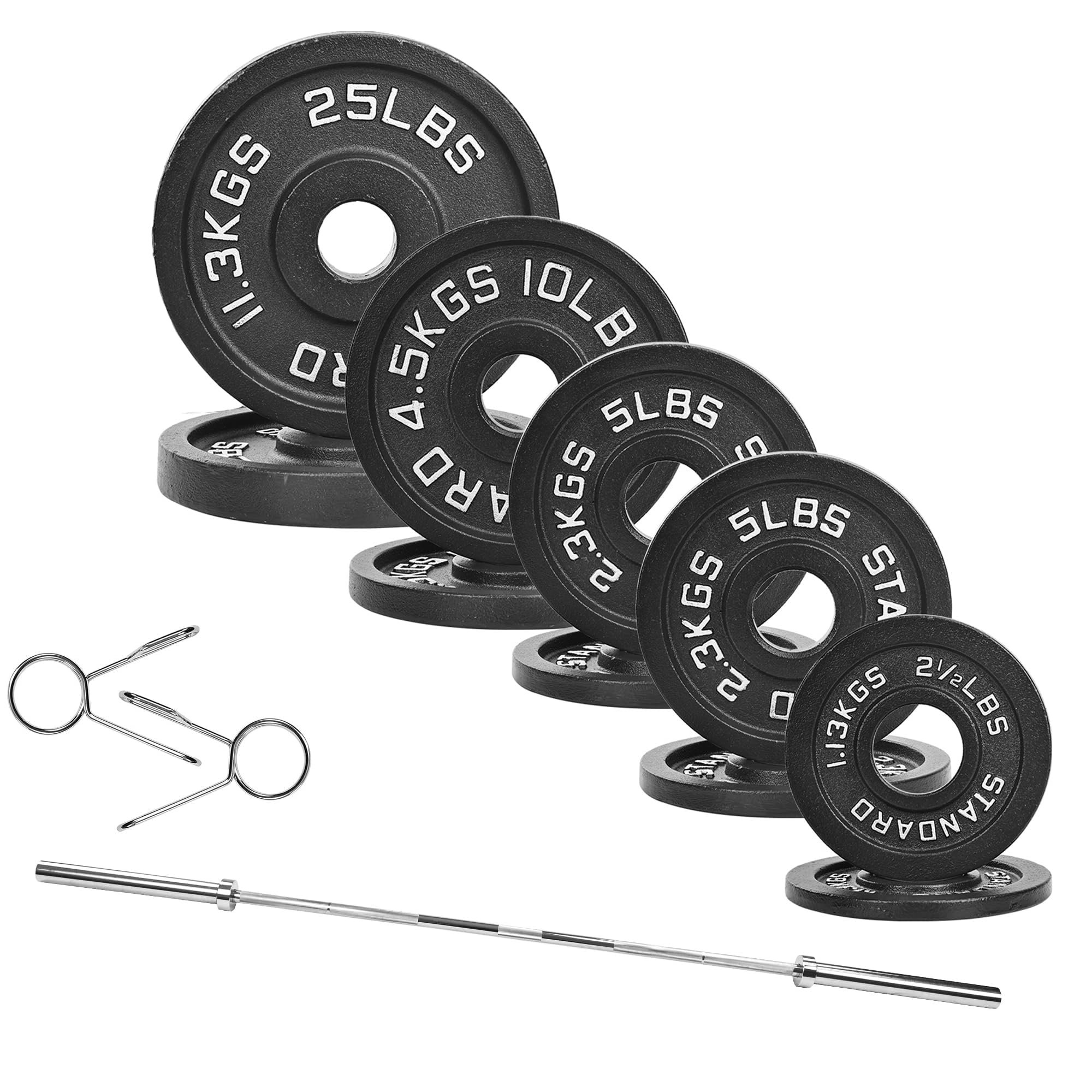 Fitvids 2 Inch Olympic Barbell Weight Plates and Bar Set, 5 FT Barbell Bar and 95 LB(2.5-25 LB) Barbell Weight Set for Home Gym Strength Training