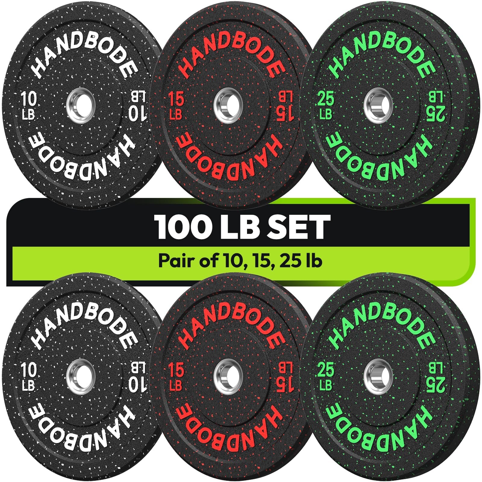 HANDBODE 2-Inch Bumper Plates High Bounce, Olympic Weight Plate Set 45/100/160/190/260/300lb, Barbell Weight Plates Set for Home Gym, Colored Weights Rubber Strength Training Plate for Weight Lifting