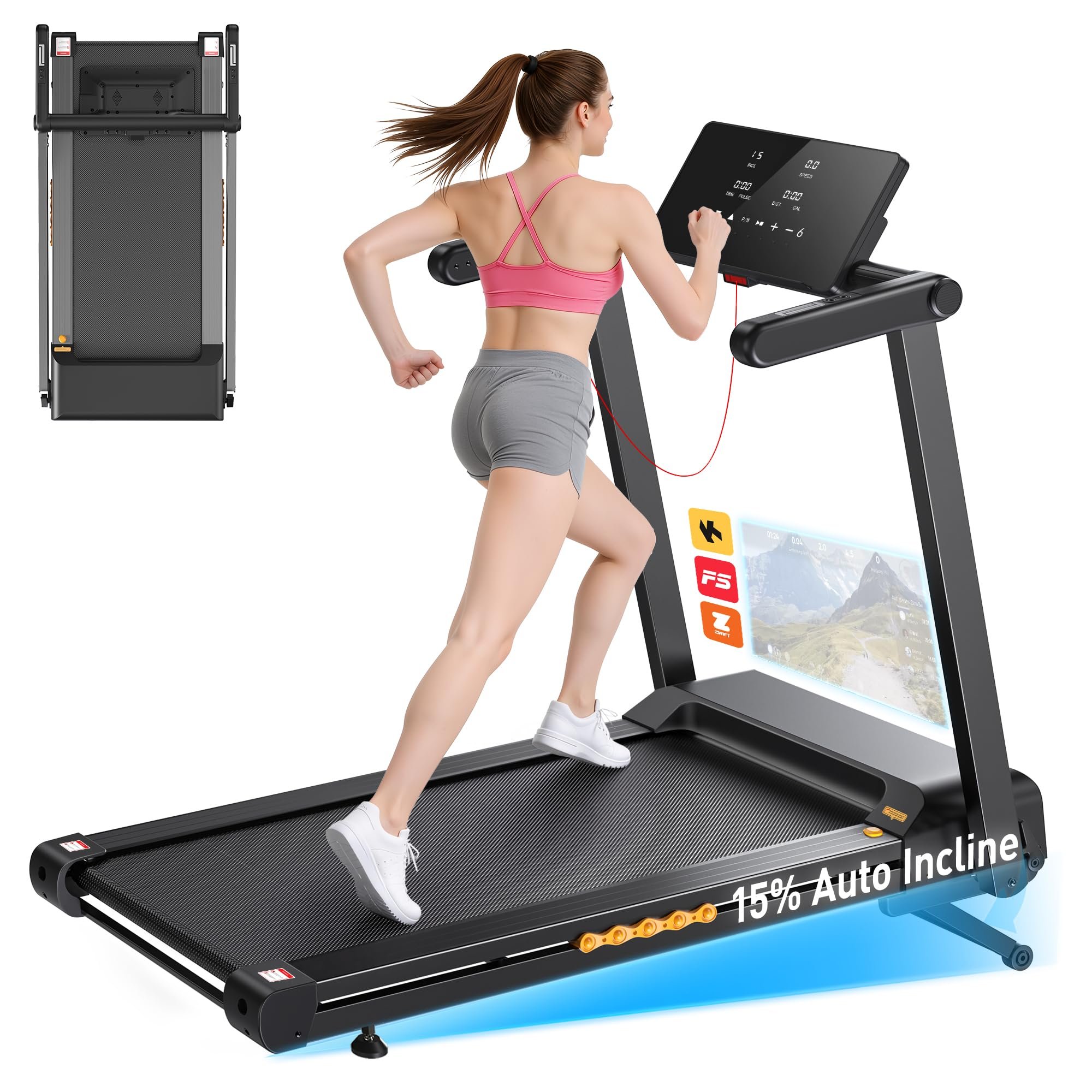 JAGJOG Treadmill for Home with 15% Auto Incline, 3.5HP Quiet Foldable Treadmill, 12 HIIT Programs, 14.96" Wide LED Touchscreen, Smart App & Heart Rate, 300 LBS Capacity, Fully Assembly