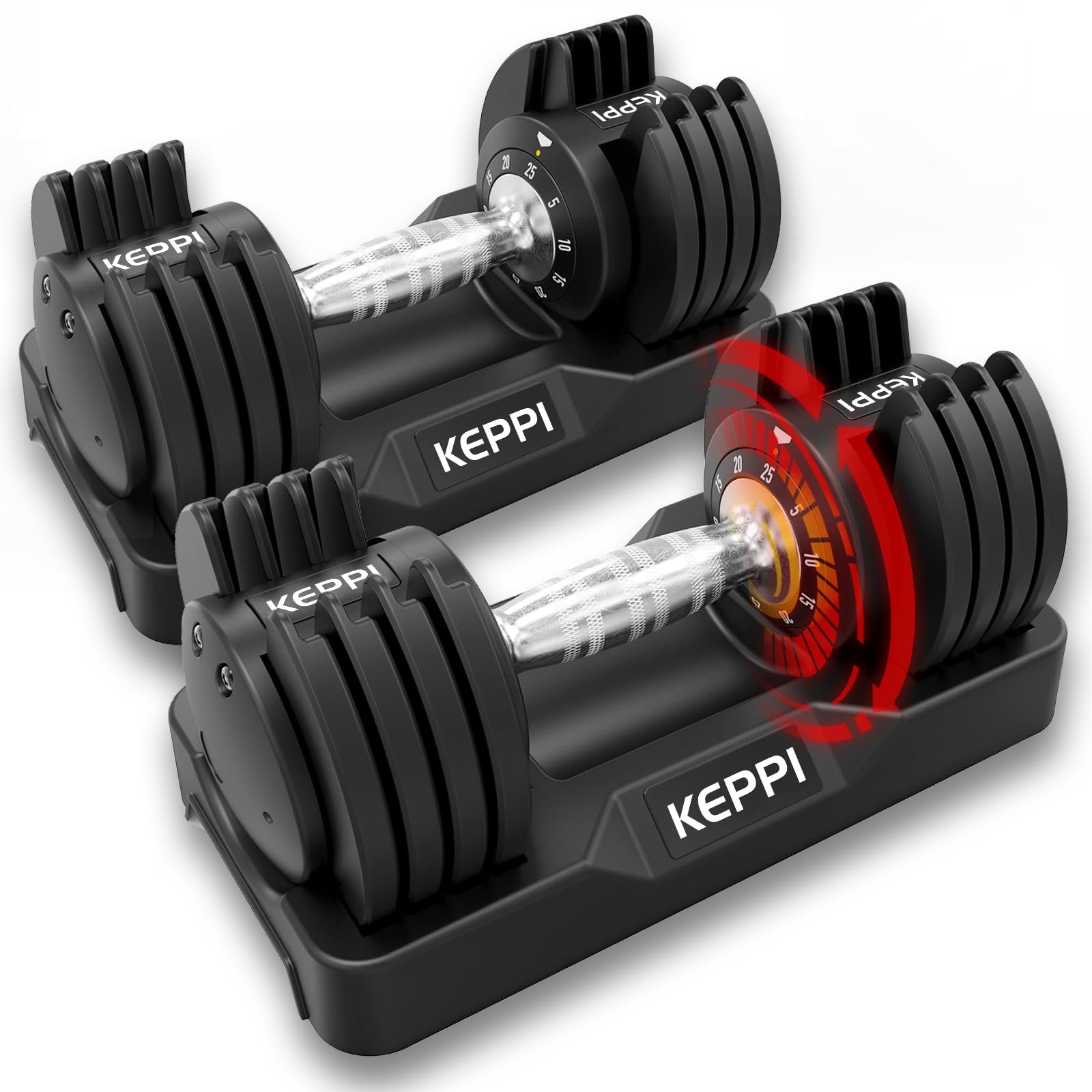 Keppi Adjustable Dumbbells Set-25lb/40lb/55lb/60lb, Anti-Slip Metal Fast Adjust Weight Handle, Exercise & Fitness for Full Body Workout - Adjustable Dumbbell Series