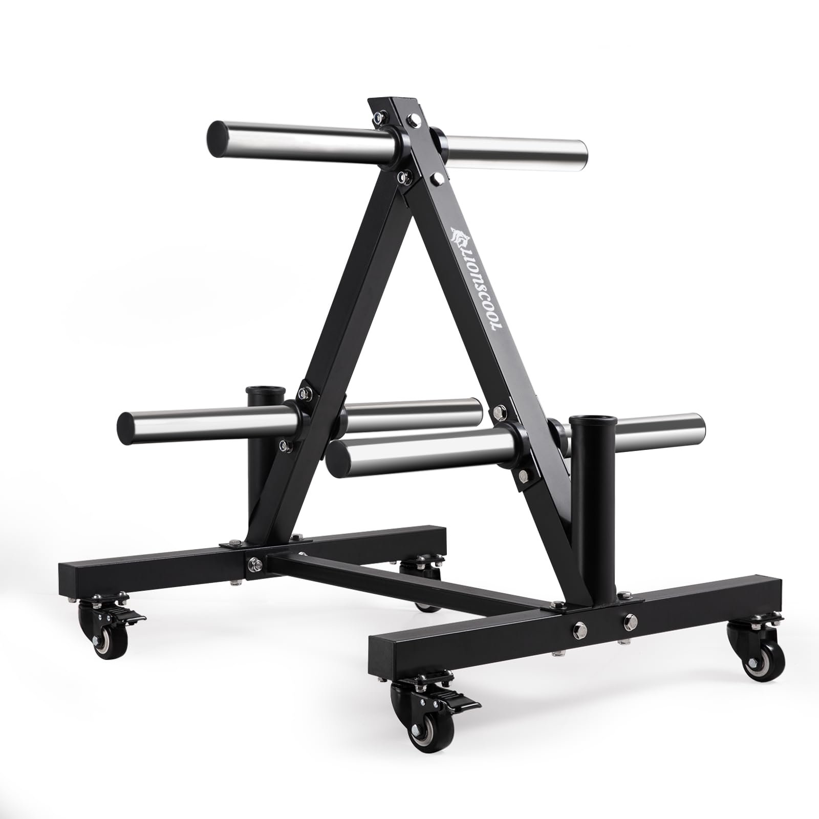 LIONSCOOL 2-Inch Olympic Weight Plate Tree and 2 Barbell Holders, Bumper Plate Storage Rack with Optional Wheels, 650LBS/1000LBS Weight Capacity Available