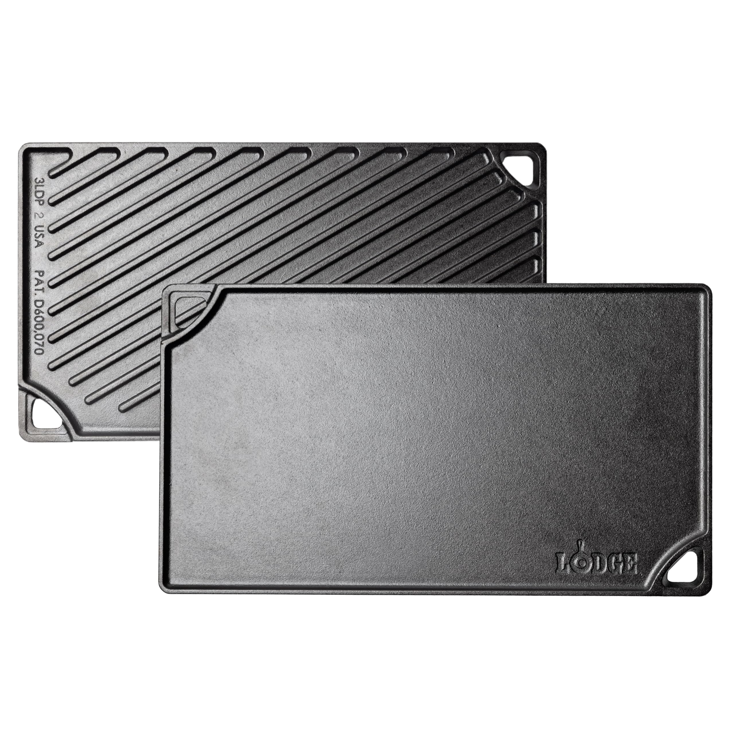 Lodge Double Play Reversible Cast Iron Grill/Griddle - Dual-Sided with Double Burner Configuration for Eggs, Pancakes, Burgers & More - Seasoned, Non-Toxic Cookware - Heavy-Duty Grill Pan - Black
