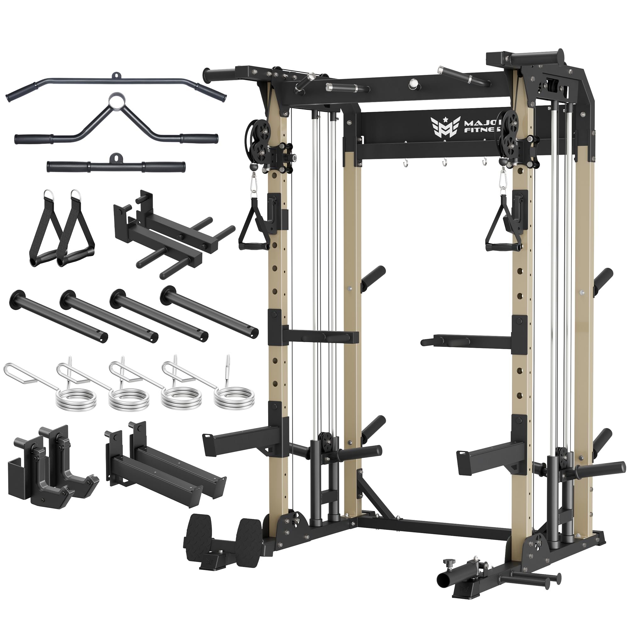 MAJOR FITNESS F22 Power Rack, 1600lbs All-in-One Squat Rack with Dual Pulley System, Heavy-Duty Steel Frame, Attachments & Storage for Home Gym Strength Training