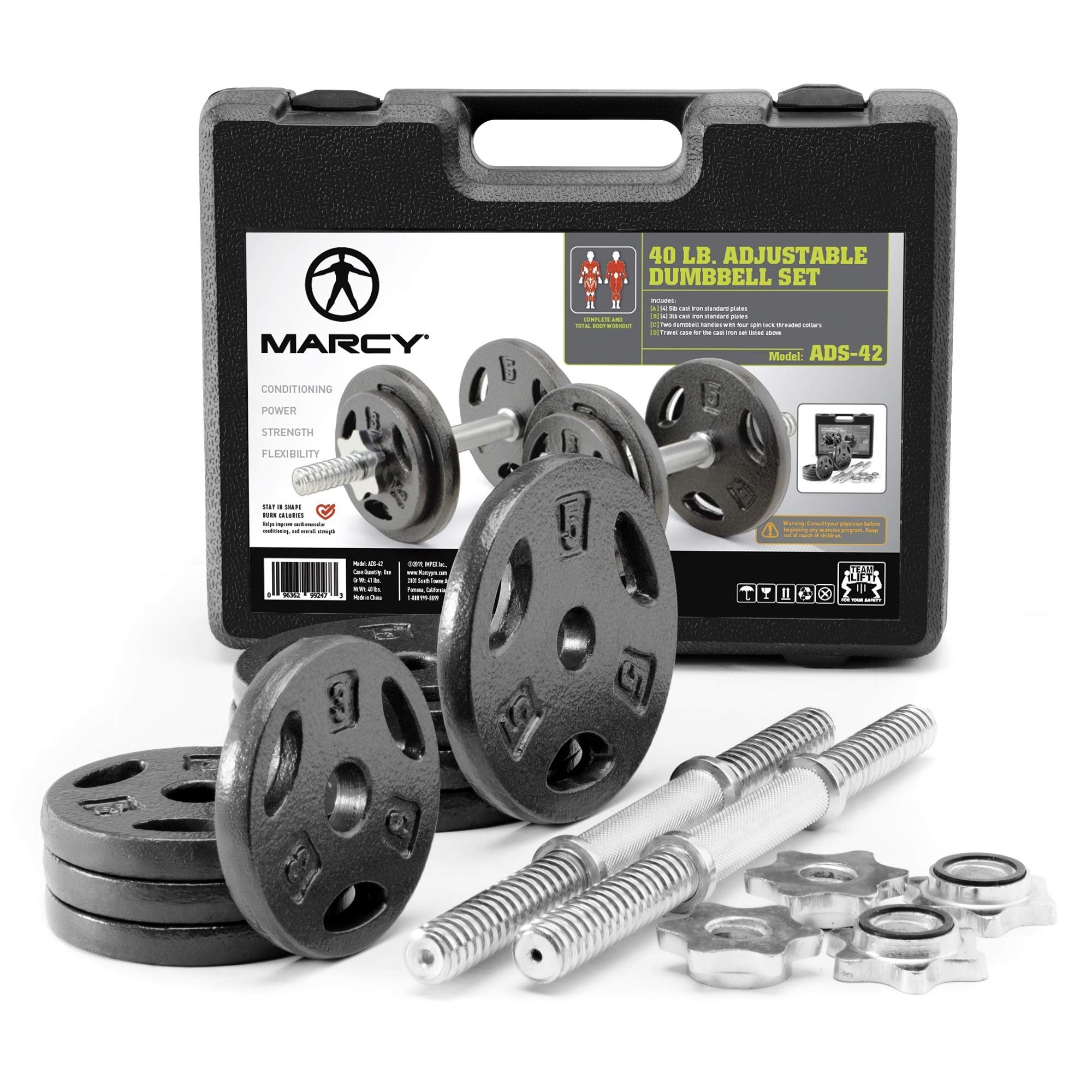 MARCY 40 lbs Adjustable Dumbbell Set with Collars for Home Gym Bodybuilding, Weight Training, Strength Training