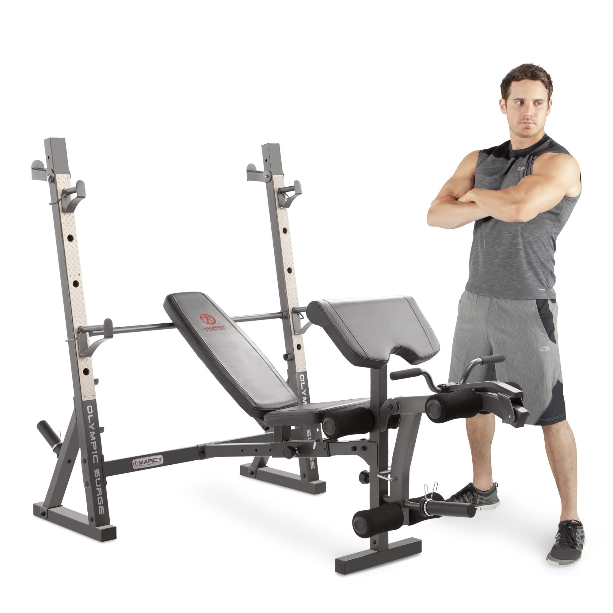 MARCY Olympic Workout Bench for Home Gym Strength Training Equipment with Preacher Curl Pad and Weight Rack Storage, White/Black