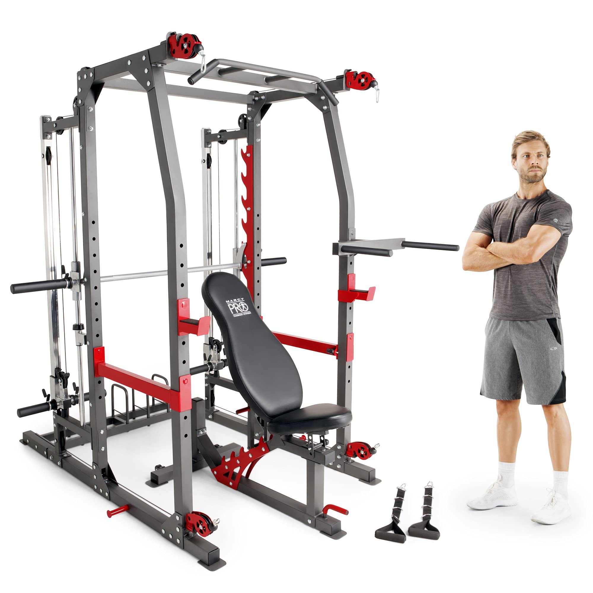 MARCY Smith Machine Home Gym System SM-4903, All-in-One Strength Training Cage with Weight Bench, Pulley, Squat Rack & Workout Station