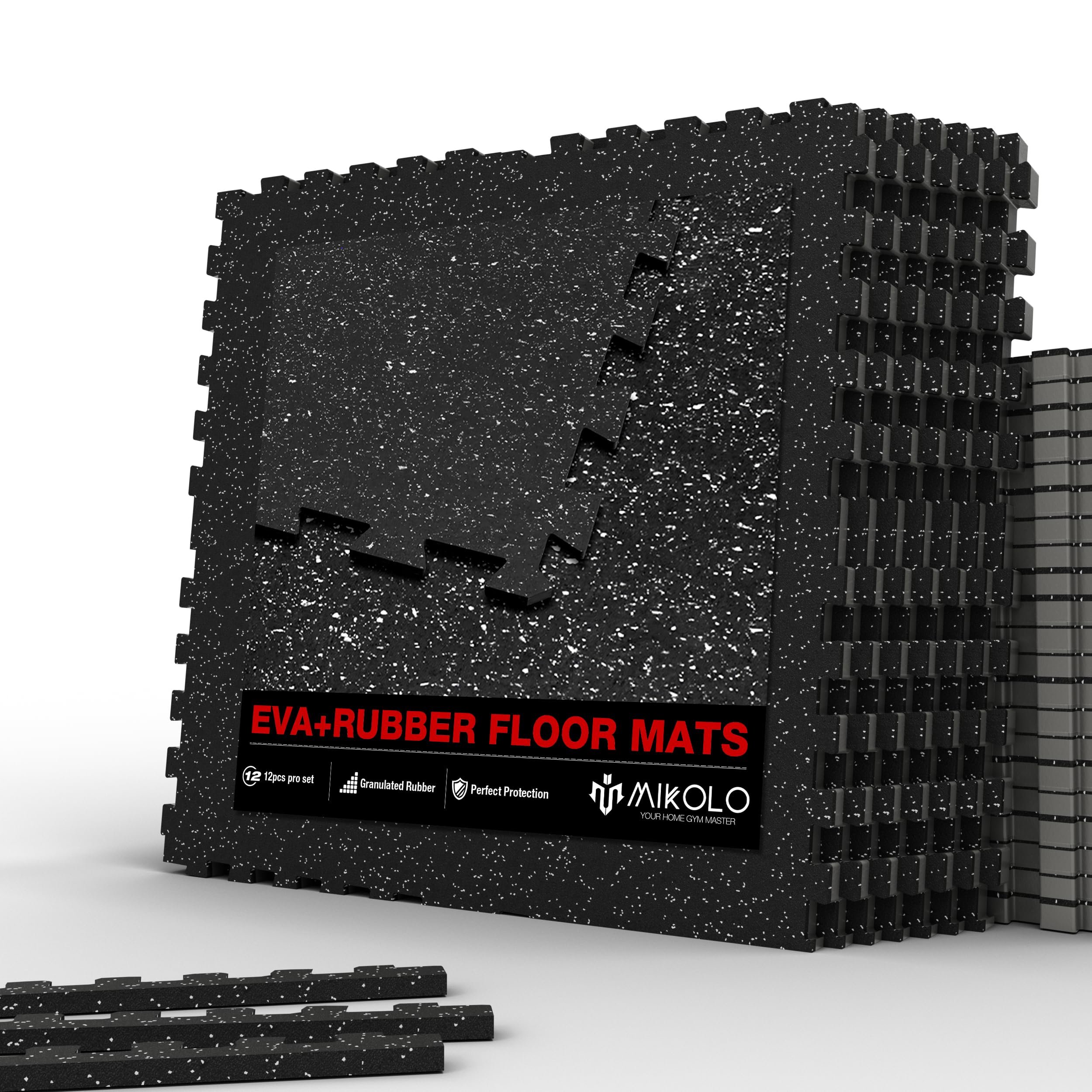 Mikolo 0.56'' Thick 12 Pcs 48 Sq Ft Gym Flooring Mats, High-Density EVA Foam with Rubber Top, Interlocking Exercise Equipment Mats for Home Gym, Protective Workout Mat