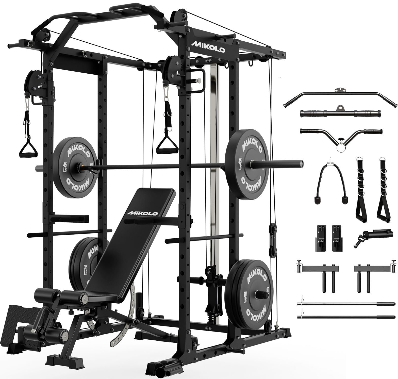 Mikolo Power Cage, Power Rack with Cable Crossover System, 1500LBS Squat Rack with LAT Pull Down System, Workout Cage with Pulley System for Fitness Home Gym