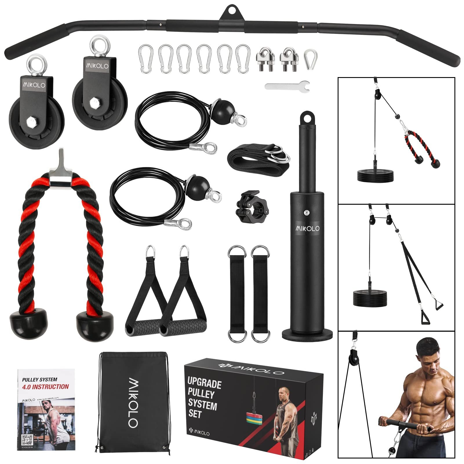 Mikolo Upgraded Weight Lift Pulley System - LAT Pulley Attachments with Adjustable Length Cable for Full Body Training, Home Gym Set