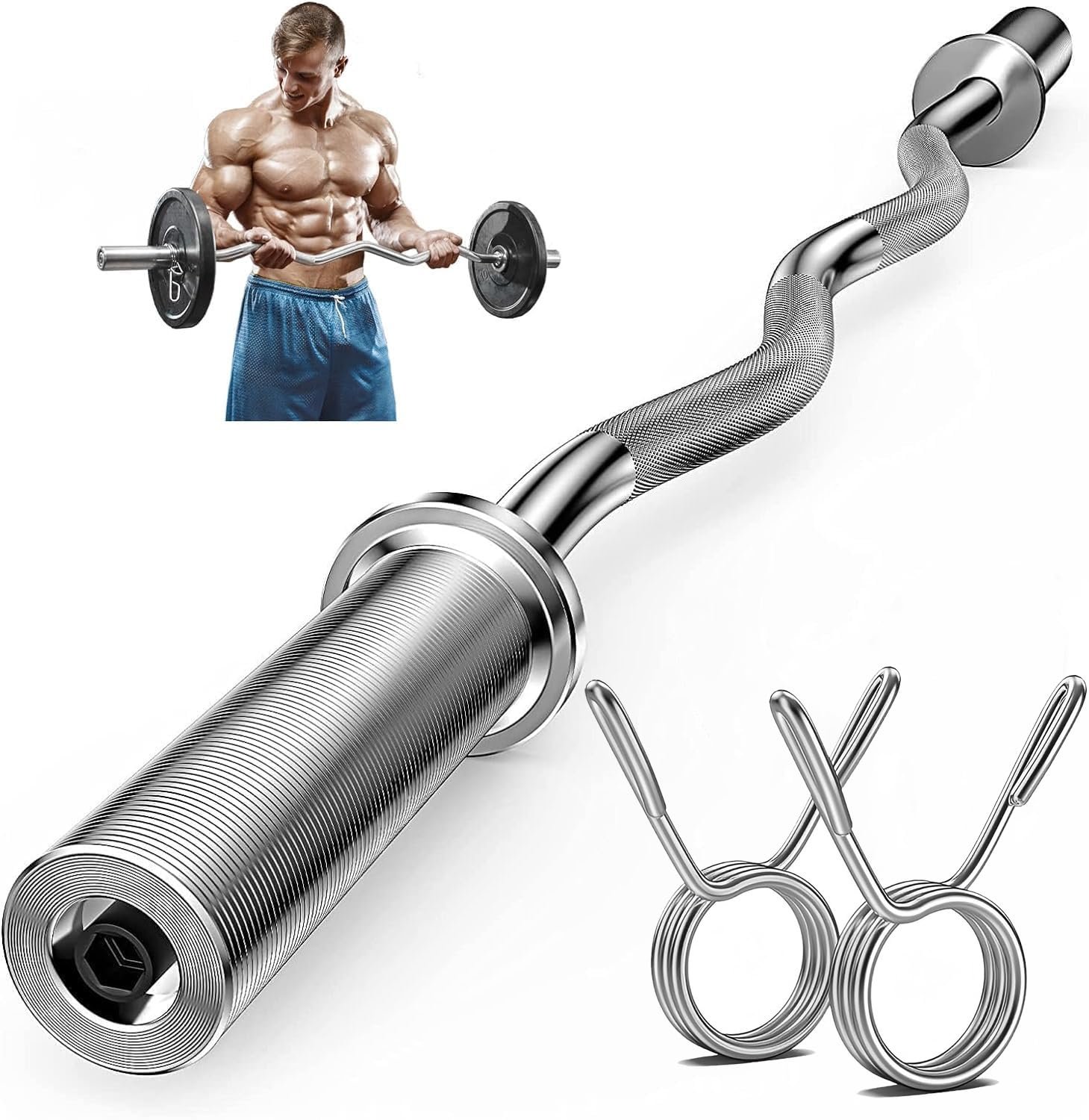 Olympic EZ Curl Bar 47-Inch - Chrome Curling Barbell for Biceps,Triceps,Arm Workouts,Compatible with 2"Olympic Plates,Includes Spring Collars,Home Gym Strength Bar(500LB Capacity)