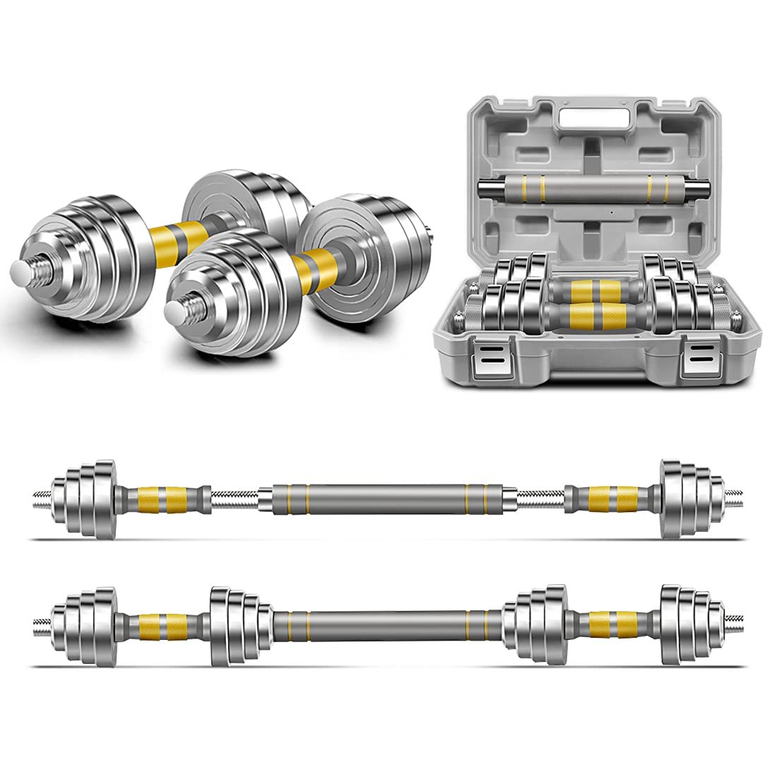 PHOEROS Adjustable Dumbbell Set - 44/66/88 LBS weights set, Dumbbell Barbell 3 in 1, Steel Dumbbells Pair with Connecting Rod for Adults Women Men Fitness Workout, Home Gym Exercise Training Equipment