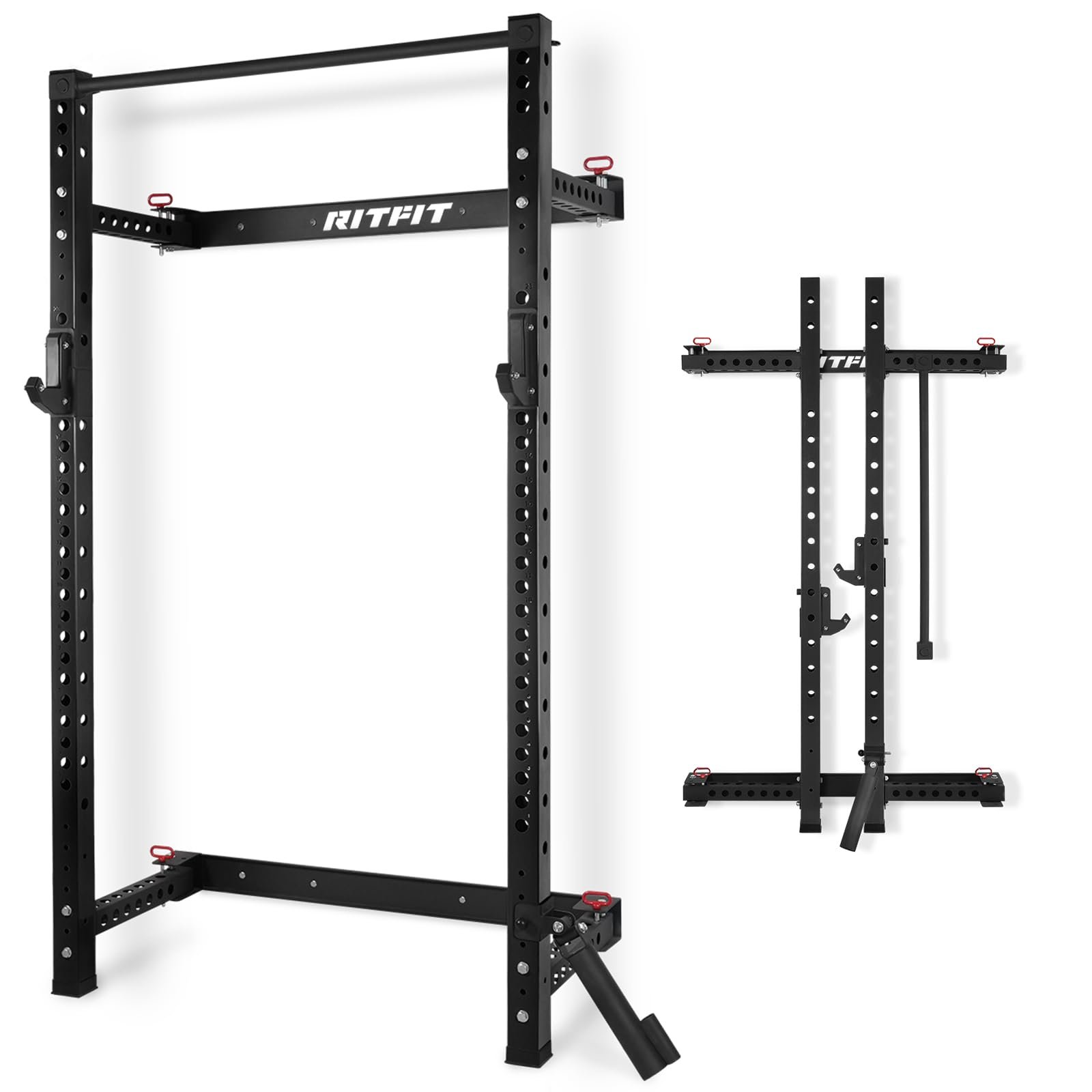 RitFit 2.36'' x 2.36'' Folding Squat Rack for Home Gym, Wall Mounted Squat Rack with Attachments - Space Saving Squat Power Rack