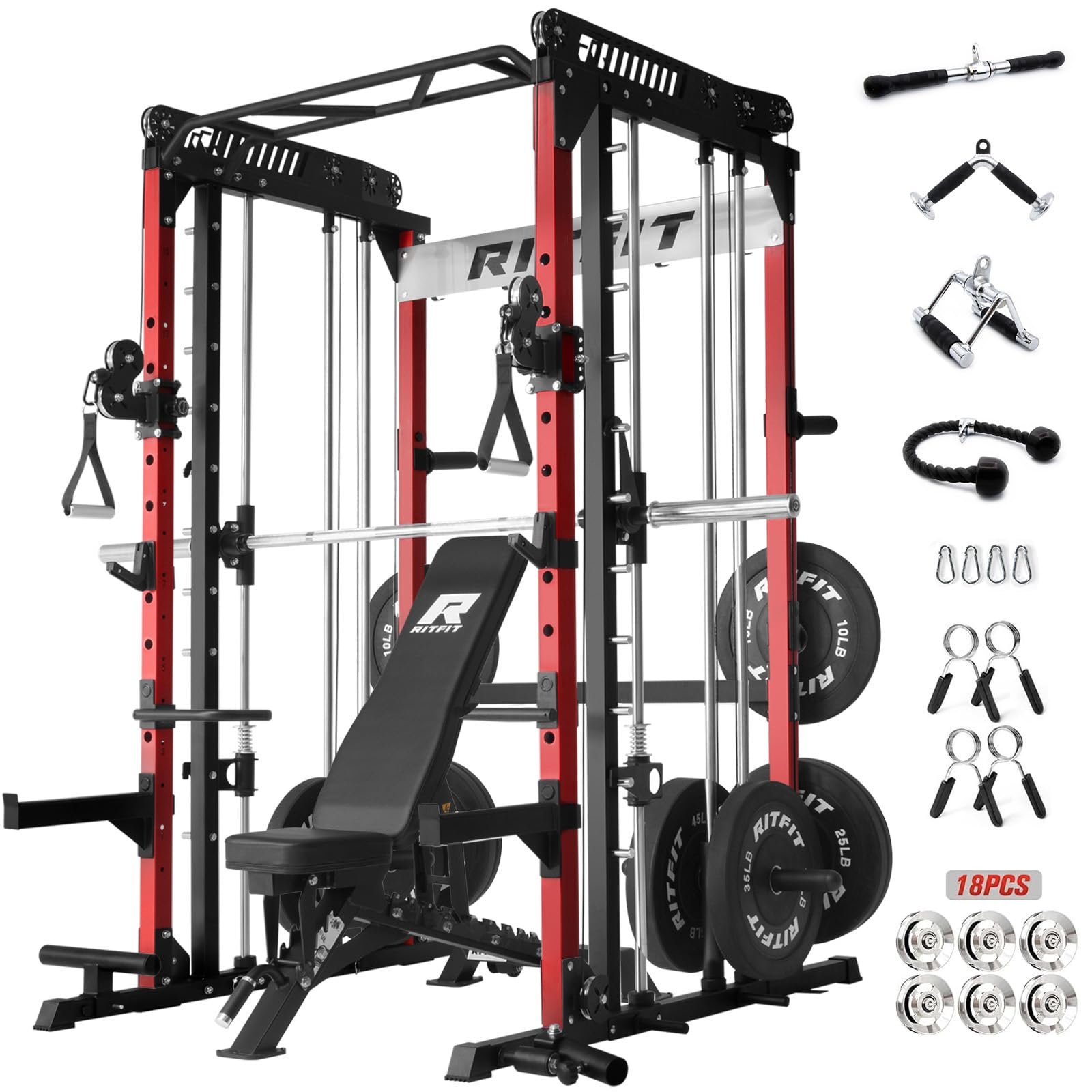 RitFit M1 Pro Smith Machine with Cable Crossover System, Multi-Function Squat Rack Power Cage for Home Gym, Power Rack and Packages