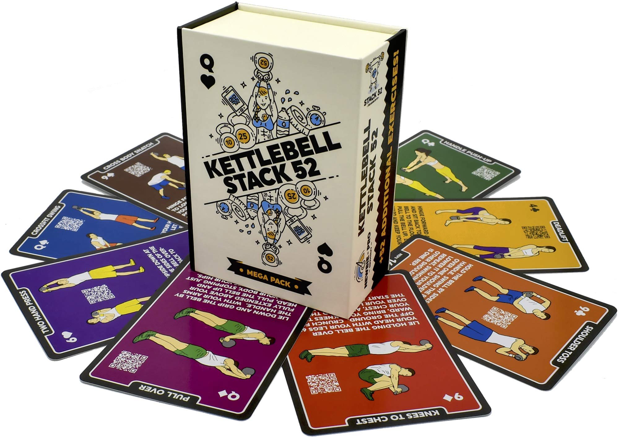Stack 52 Kettlebell Exercise Cards. Workout Playing Card Game. Video Instructions Included. Learn Kettle Bell Moves and Conditioning Drills. Home Fitness Training Program. (2019 Mega Pack)