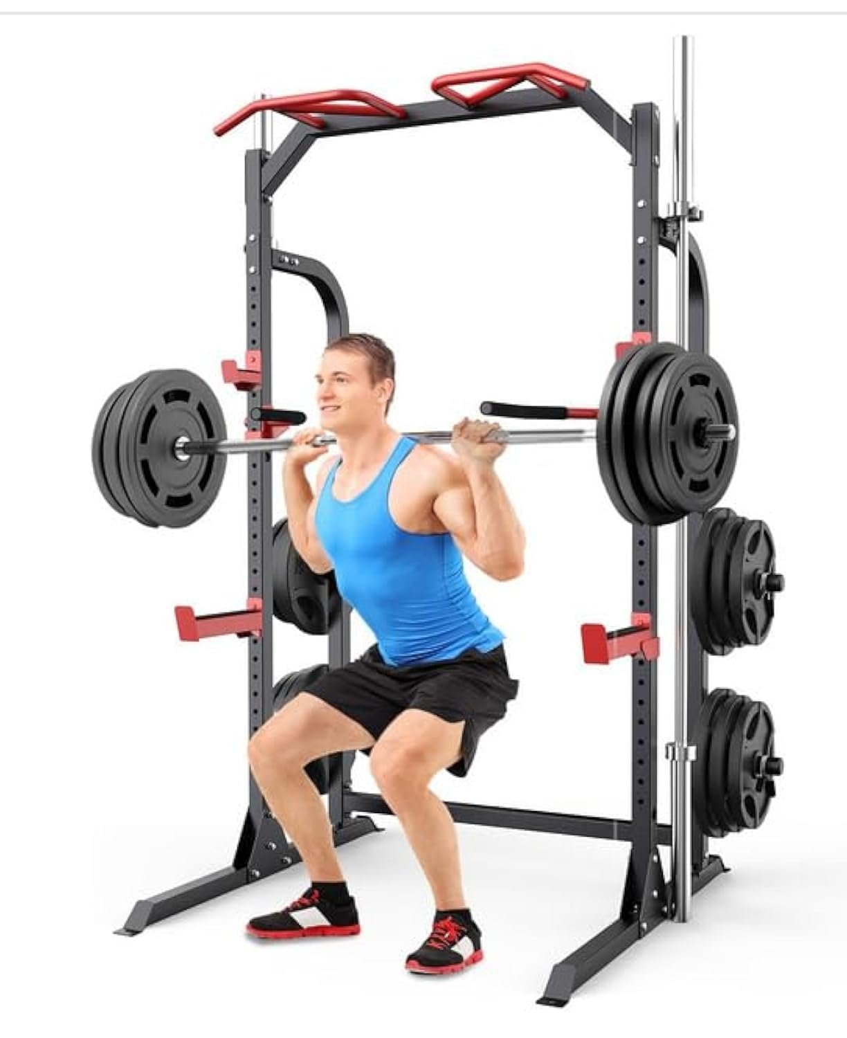 SunHome Power Cage Squat Rack, Power Rack with Pulley System, Adjustable Cable Crossover System, J-Hooks, Dip Handles, Weight Plate Storage