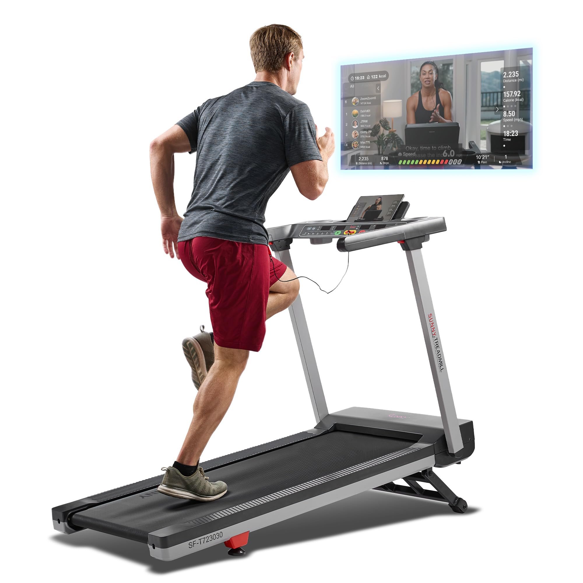 Sunny Health & Fitness Fully Assembled OneClick-Fold 20" Smart Treadmill with Auto Incline & SunnyFit App