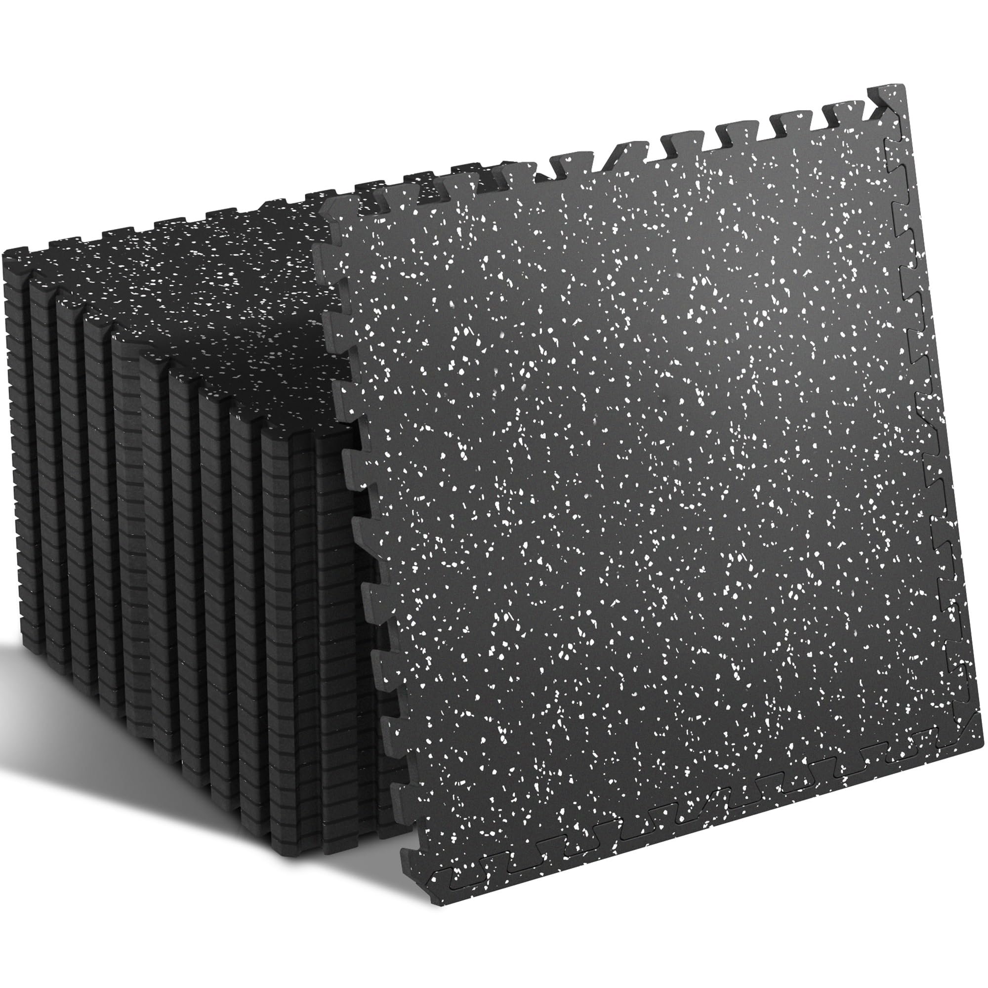 SUPERJARE 0.4'' Thick 24 Pcs 96 Sq Ft Rubber Top Exercise Equipment Mats, High Density EVA Foam Mats with Rubber Top, Interlocking Gym Flooring for Home Gym, Protective Workout Mat, Black/Grey