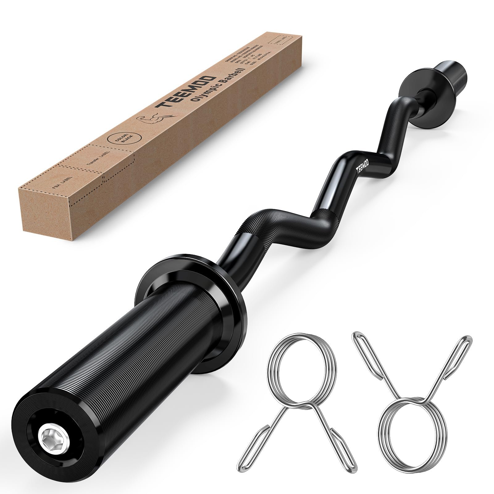 TEEMOO Olympic EZ Curl Barbell Bar, 47" Curl Bar with 2 Spring Collars, Curling bar for Weight Lifting, Squat, Hip Thrusts, Biceps, 500lb Weight Capacity, E-Coat Finish for 2 inch Weight Plates (Black)