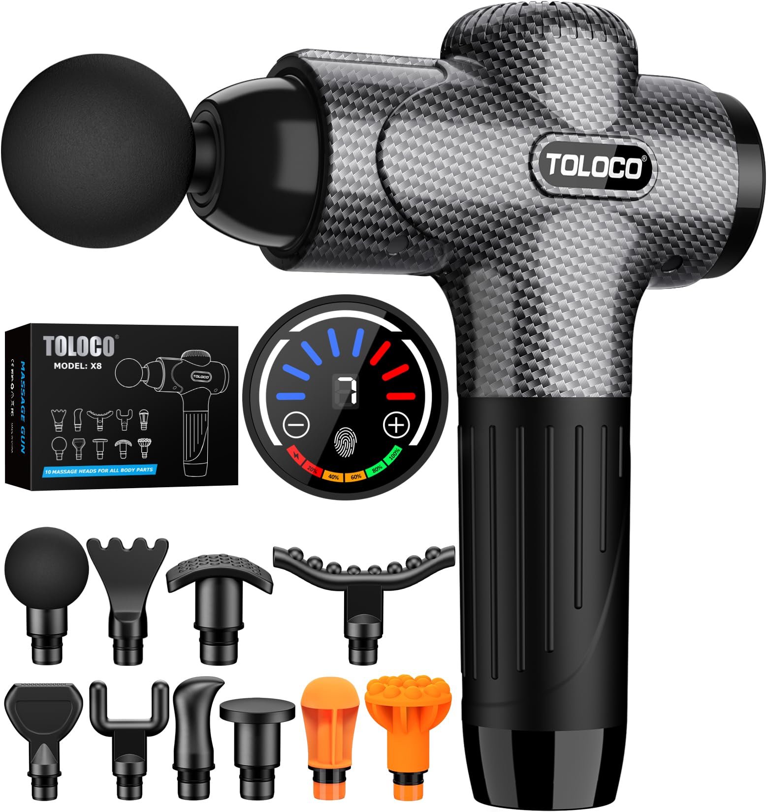 TOLOCO Massage Gun, Back Massager 10 Replacement Head for Pain Relief Deep Tissue, Percussion Massage Guns 7 Speed Level Super Quiet Electric Massager Mothers Day Gifts, Carbon