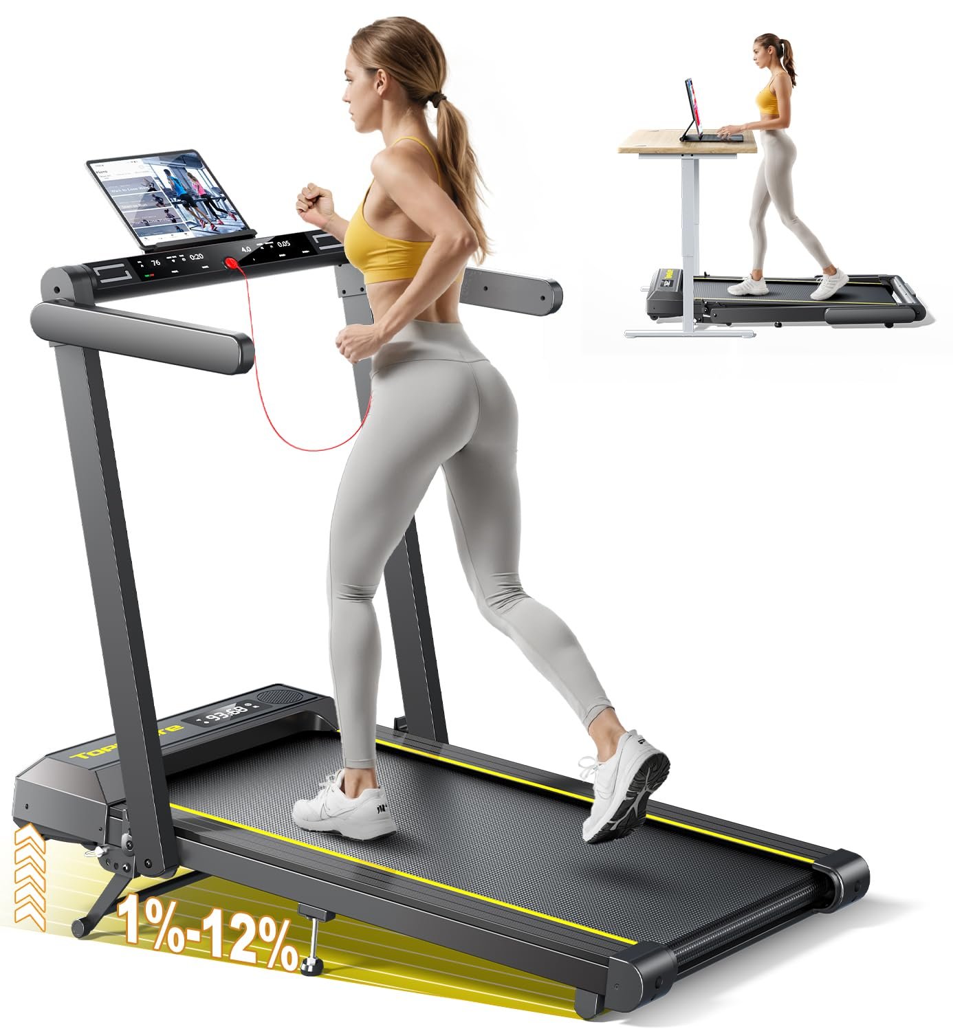 TOPUTURE Walking Pad Treadmill with 12% Incline, 4 in 1 Foldable Treadmill with Handle Bar for Home/Office, Under Desk Treadmills Portable Folding Walking Pad with App & Bluetooth Speaker, 0.6-10MPH