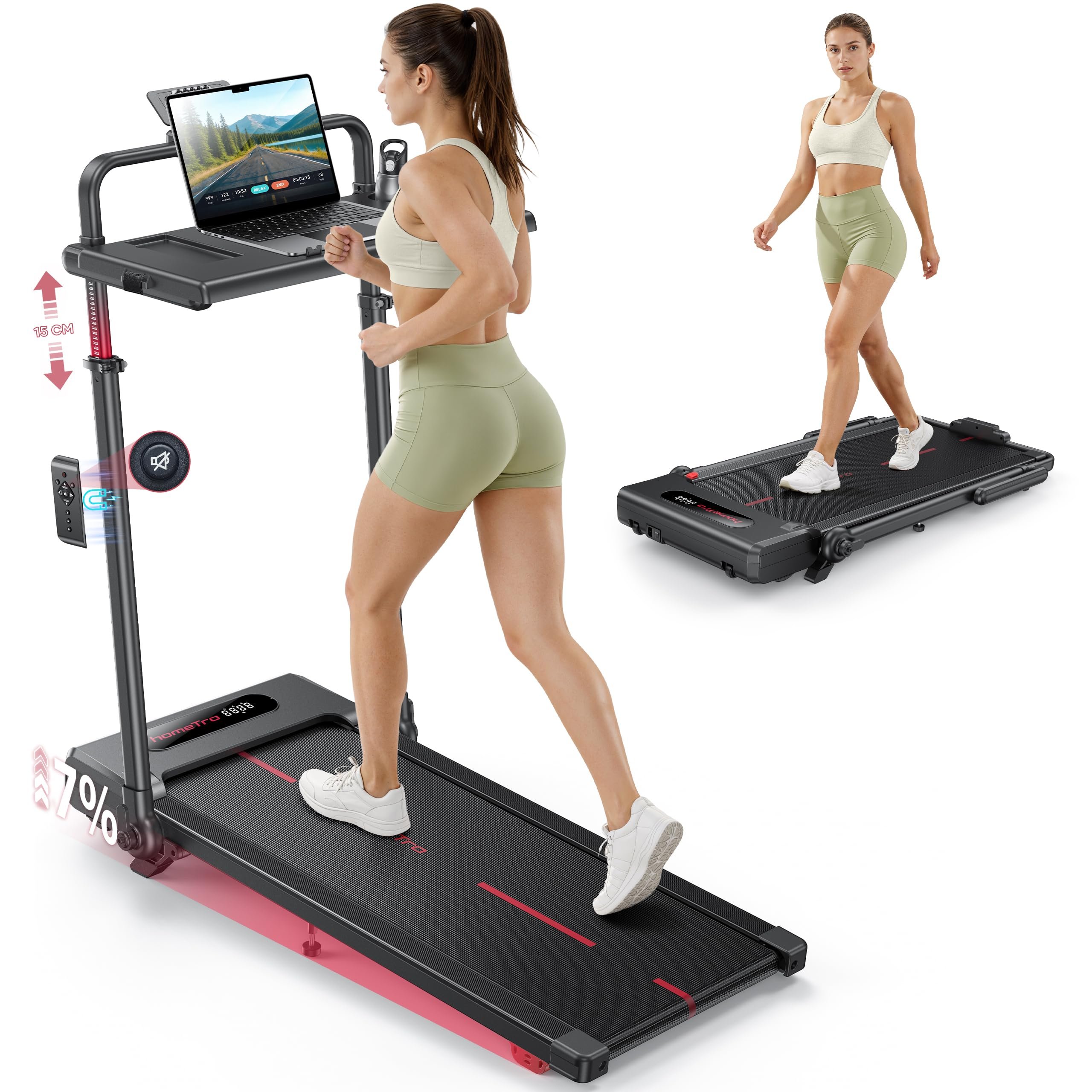 Treadmill with Incline with Removable Desk Workstation, 3 in 1 Foldable Treadmill with Adjustable Handle Bar for Home/Office, 3.0HP Portable Walking Pad with Magnetic Remote & APP Control
