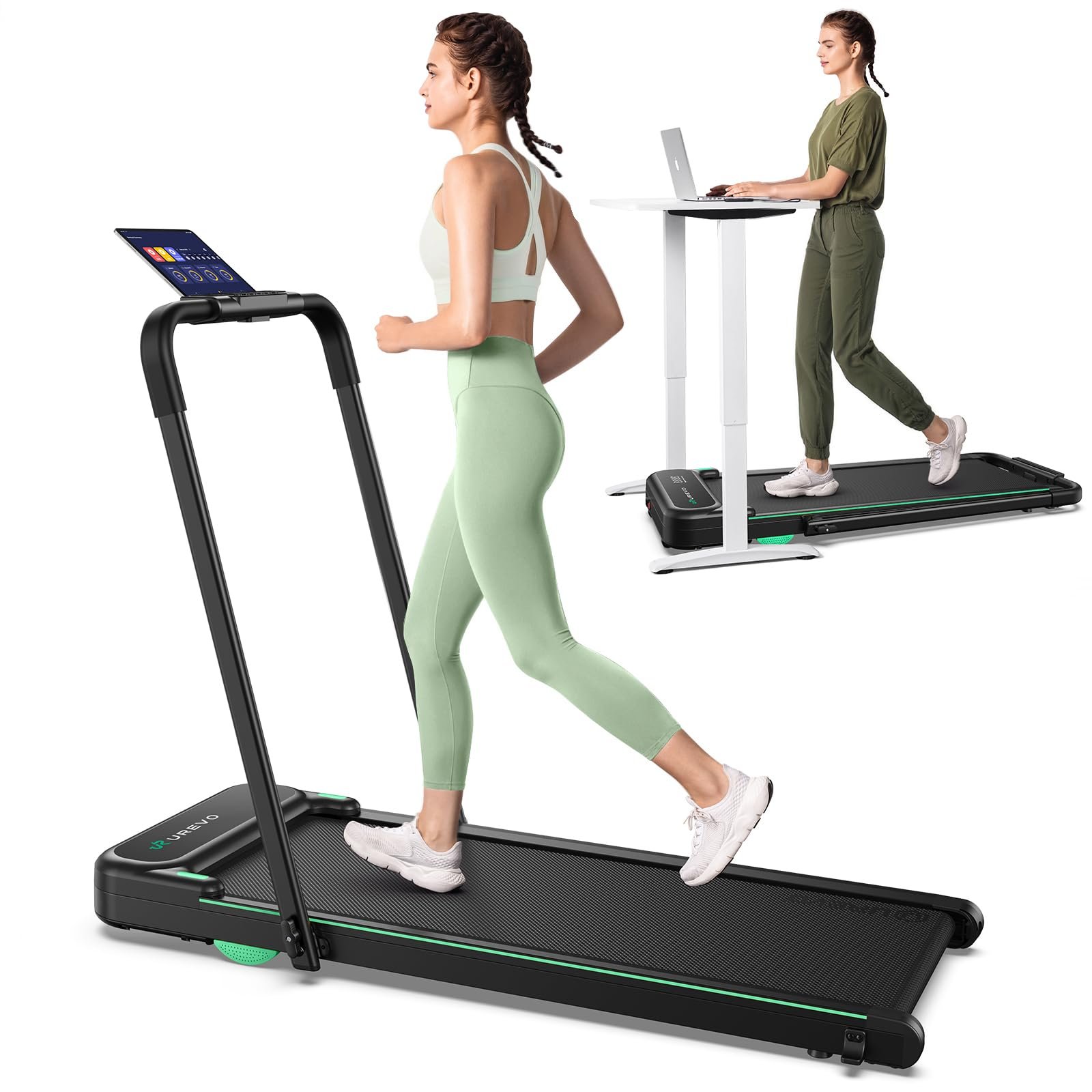 UREVO Strol 2E Smart 2-in-1 Folding Treadmill, Compact Walking Pad with Safety Handle, Plug and Play, Standing Desk Treadmill with Dual LED Display, Smart APP, Walking or Running for Home Office
