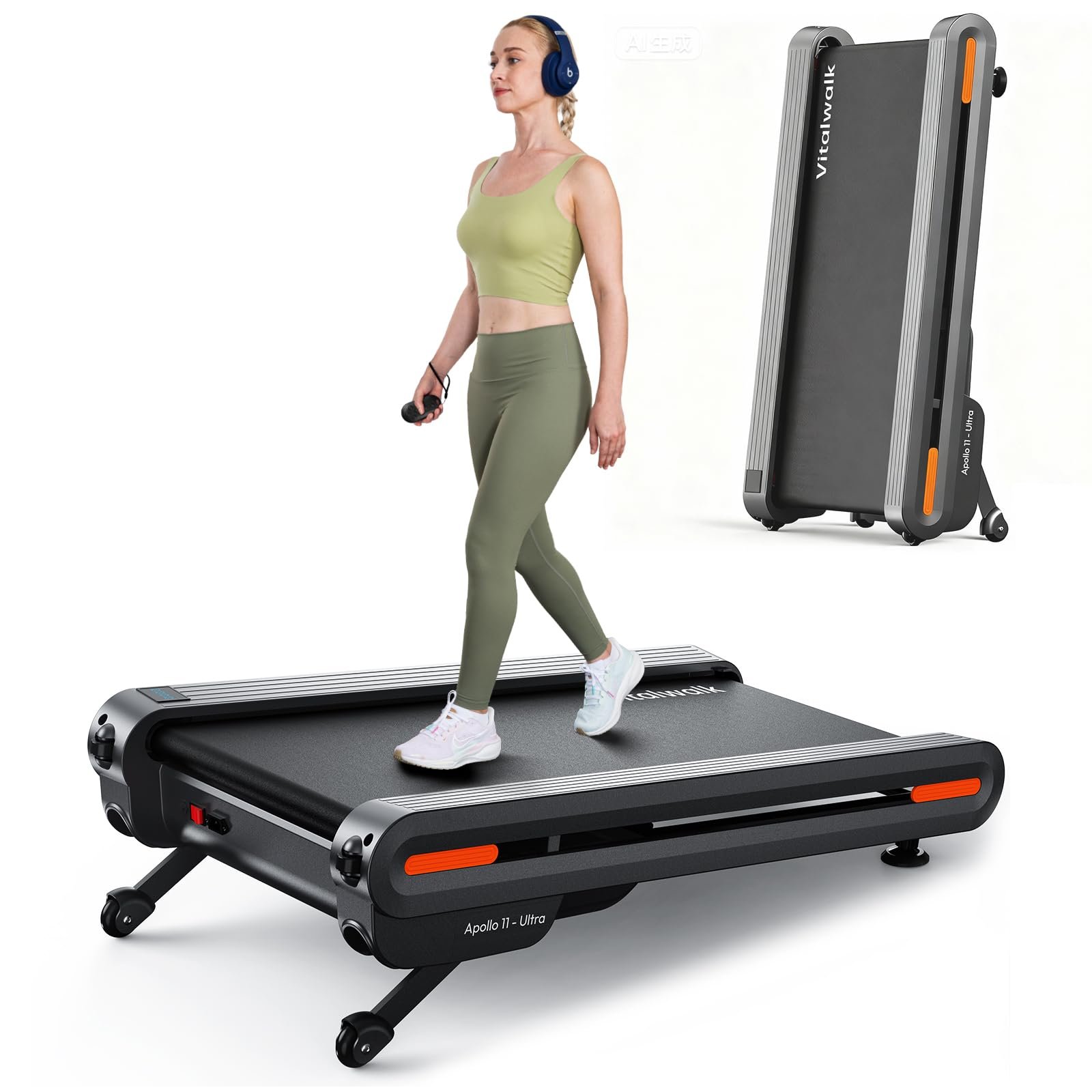 Vitalwalk Walking Pad Treadmill with Incline, 43"x18" Wide Full Deck, Auto Incline, Portable Under Desk Treadmills for Home Office, 4-Way Mobility & Vertical Store, Heavy Duty, APP