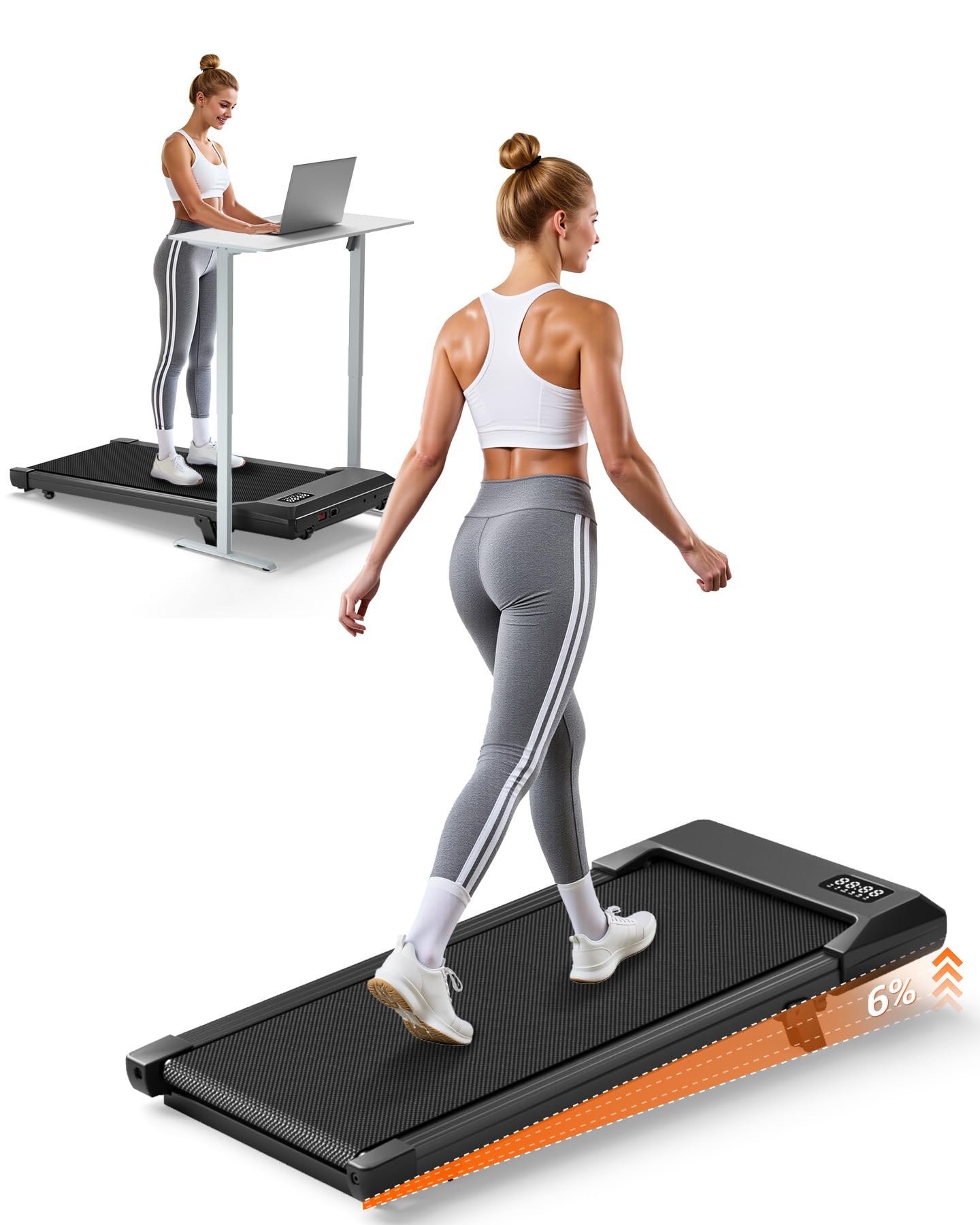 Walking Pad with 6% Incline, 300LBS Capacity Under Desk Treadmill for Home Office, Quiet Portable Mini Treadmill with App & Remote Control, No Assembly, Slim Design for Small Spaces