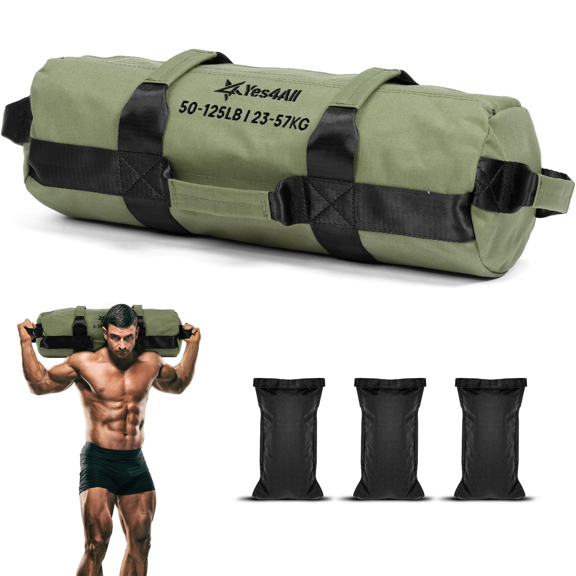 Yes4All Sandbags for Working Out, Adjustable Sand Bags for Weight Training with Handles, Multiple Colors & Sizes 5-200lbs