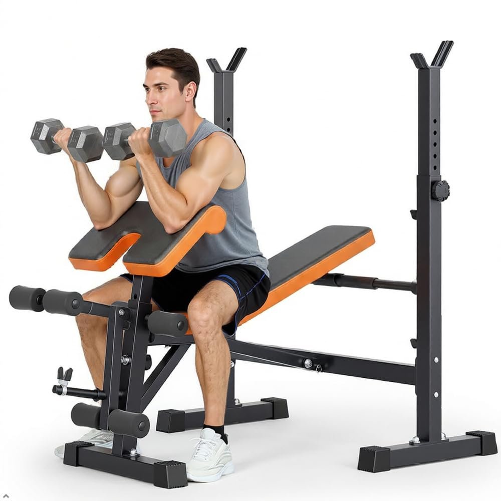 YOLEO Beginner Weight Bench Set for Home Gym, 6-in-1 Adjustable Workout Bench with Squat Rack, Foldable Full Body Fitness Equipment for Bench Press, Sit-Up & Strength Training